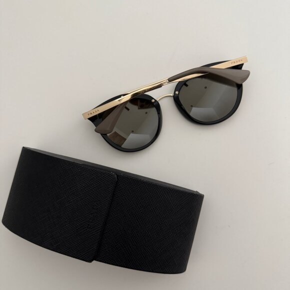 Prada Black & Gold Round Sunglasses with Brow Bar - Picture 3 of 6